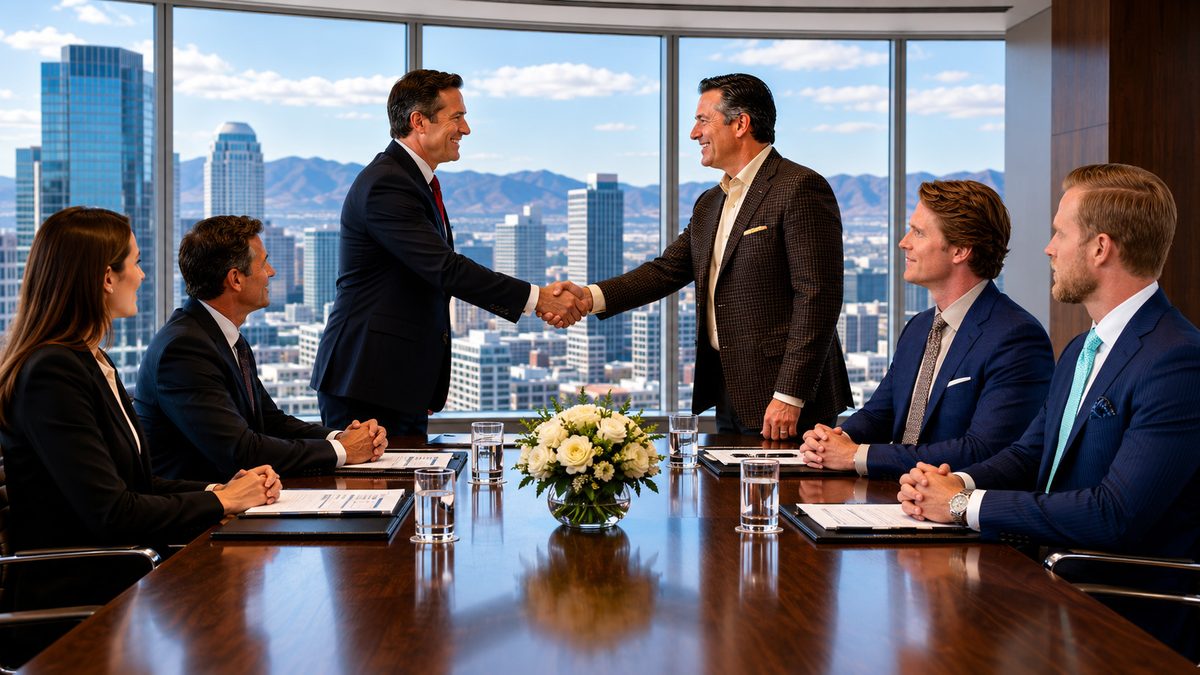 Business partners shaking hands after closing a deal